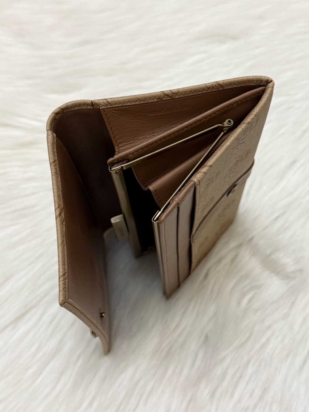 NINA RICCI - BROWN TAN CANVAS LEATHER MONOGRAM LONG BIFOLD SNAP WALLET - Picture 6 of 12